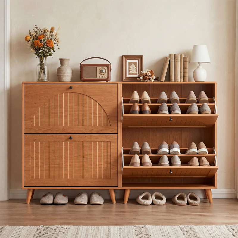 Narrow Shoe Cabinet with Adjustable Shelves, Oak