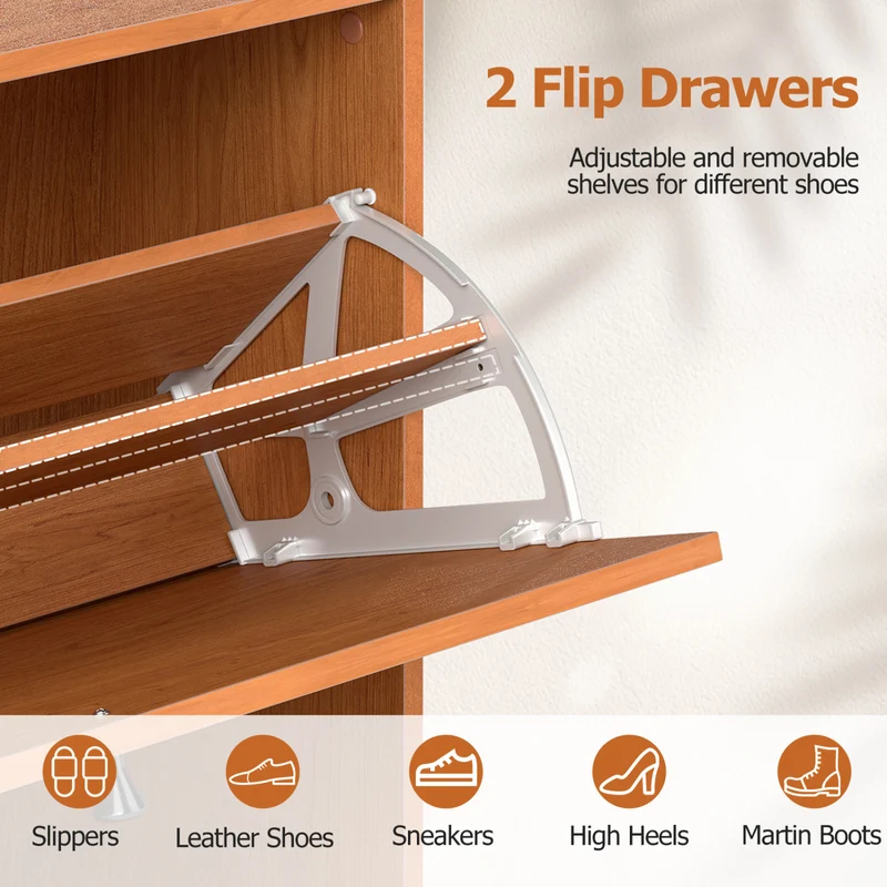 Narrow Shoe Cabinet with Adjustable Shelves, Oak