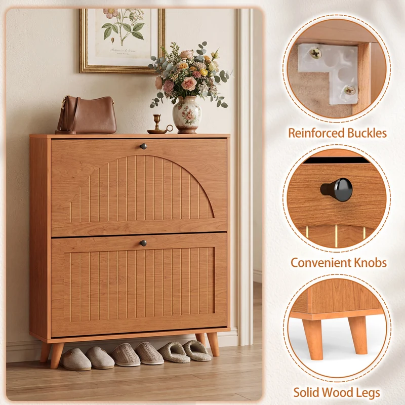 Narrow Shoe Cabinet with Adjustable Shelves, Oak