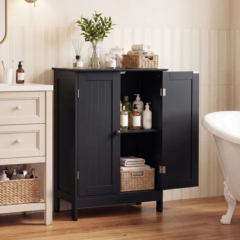 2-Door Freee-Standing Bathroom Cabinet with Shelf, Black