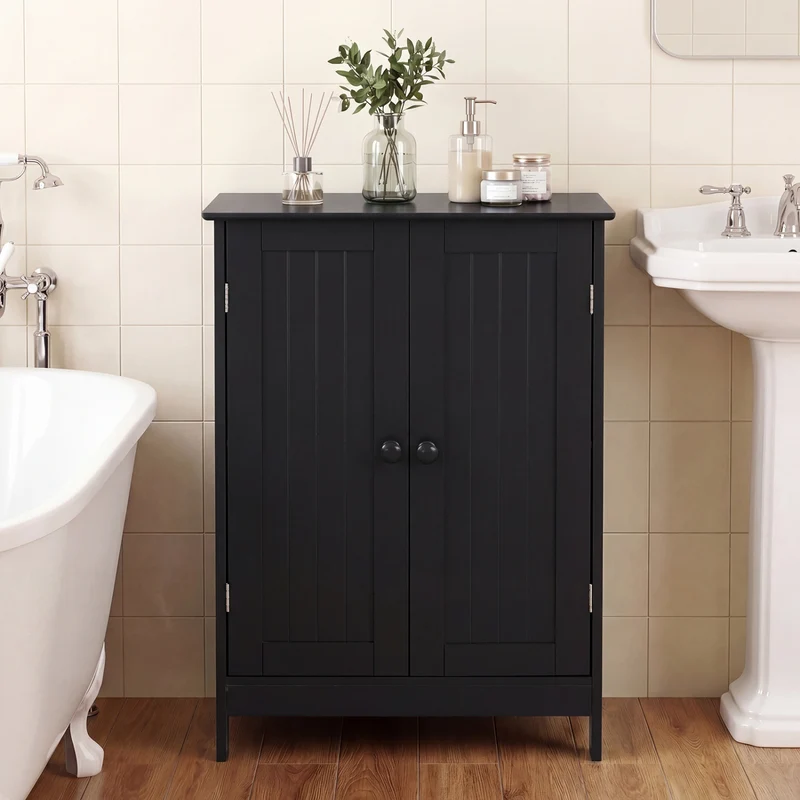 2-Door Freee-Standing Bathroom Cabinet with Shelf, Black