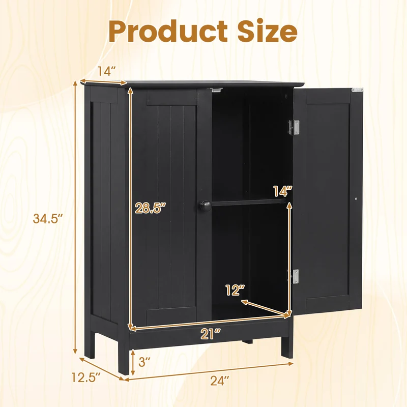 2-Door Freee-Standing Bathroom Cabinet with Shelf, Black