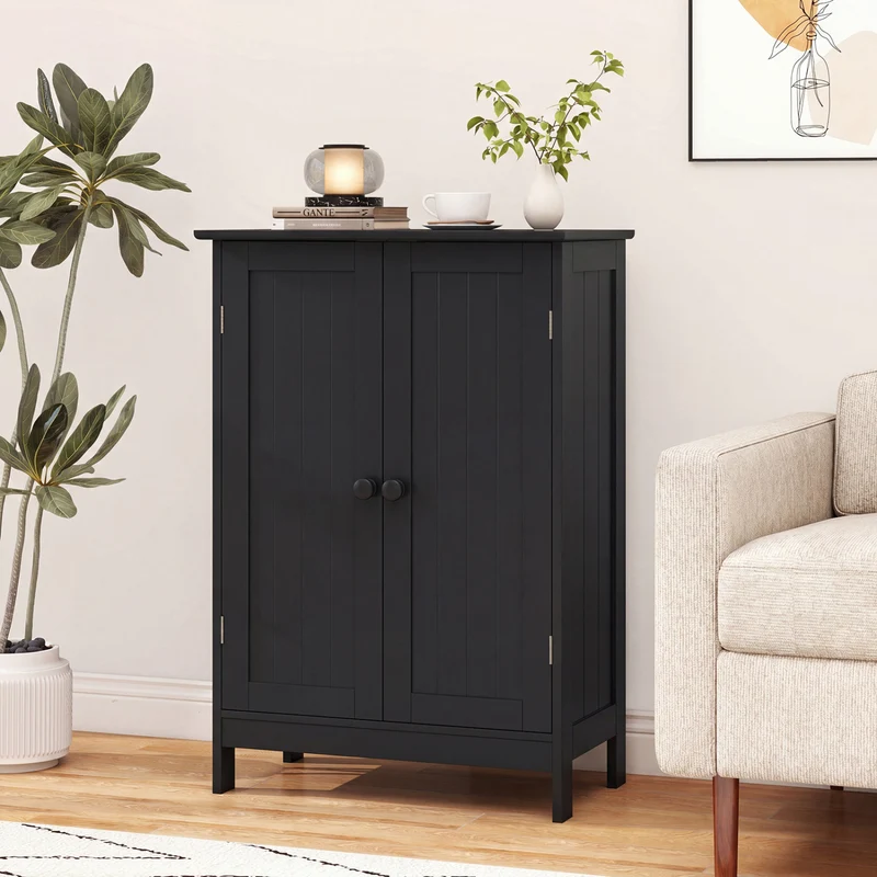 2-Door Freee-Standing Bathroom Cabinet with Shelf, Black