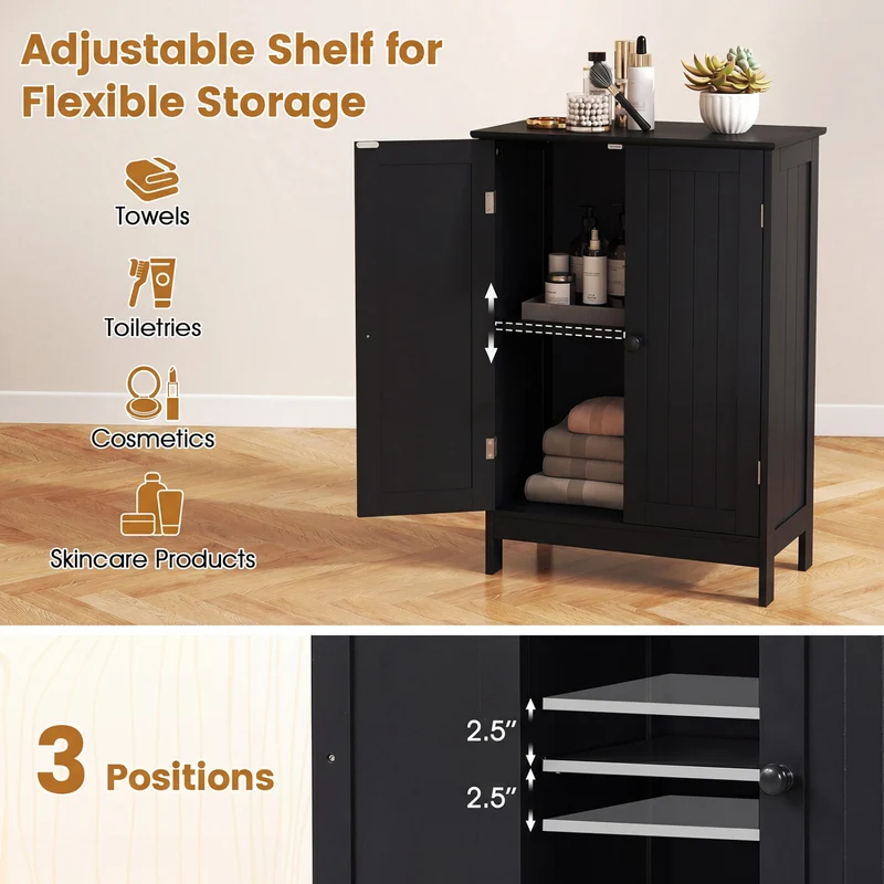2-Door Freee-Standing Bathroom Cabinet with Shelf, Black