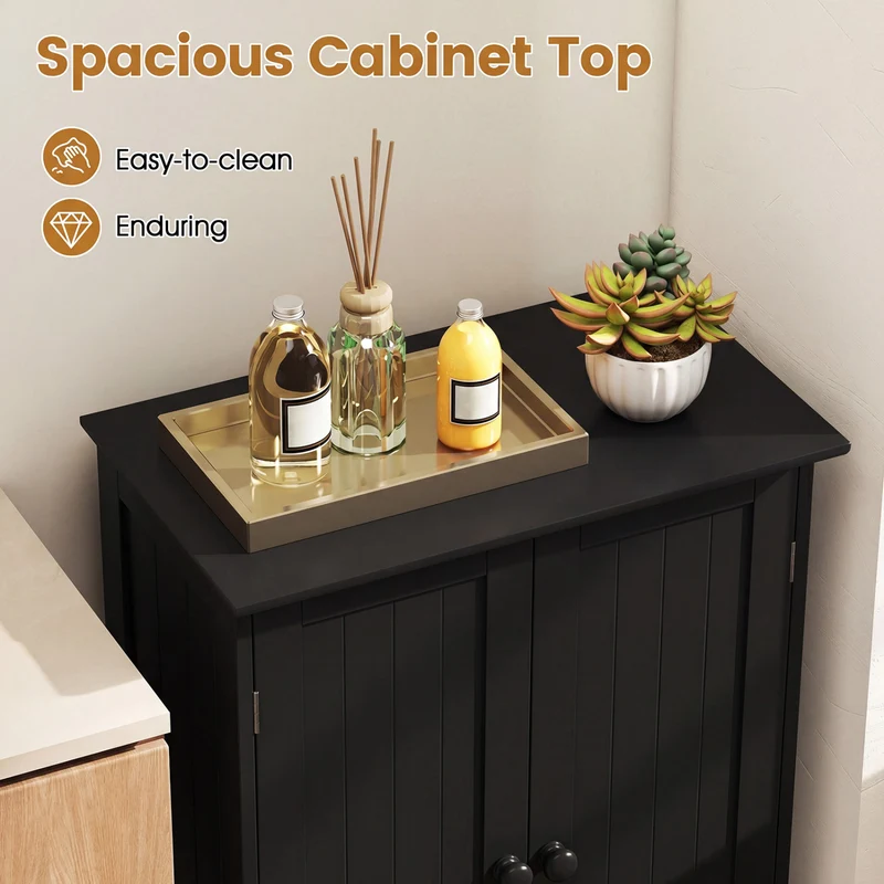 2-Door Freee-Standing Bathroom Cabinet with Shelf, Black
