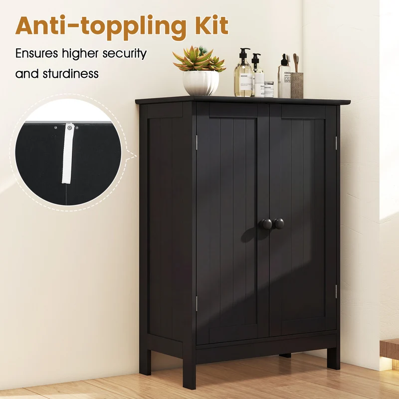 2-Door Freee-Standing Bathroom Cabinet with Shelf, Black
