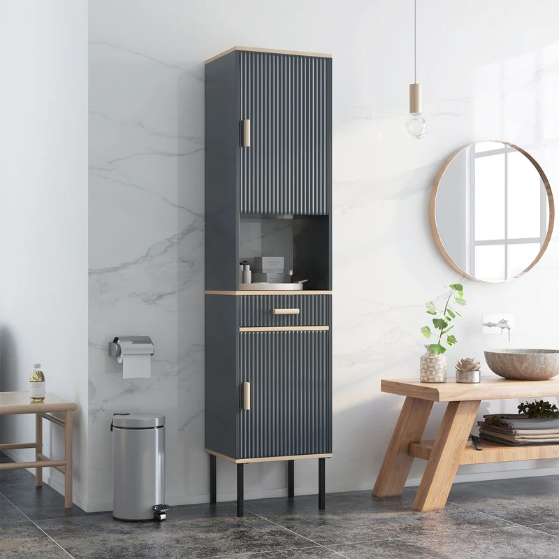Free-Standing Bathroom Cabinet, Narrow Linen, Doors And Drawer, Gray