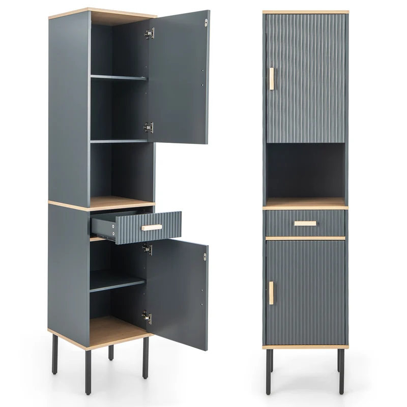 Free-Standing Bathroom Cabinet, Narrow Linen, Doors And Drawer, Gray