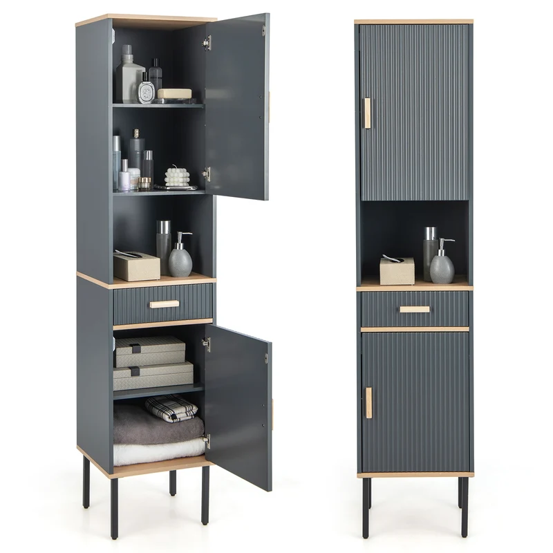 Free-Standing Bathroom Cabinet, Narrow Linen, Doors And Drawer, Gray