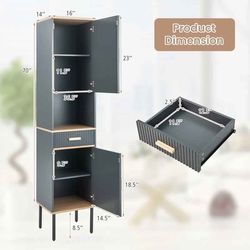 Free-Standing Bathroom Cabinet, Narrow Linen, Doors And Drawer, Gray
