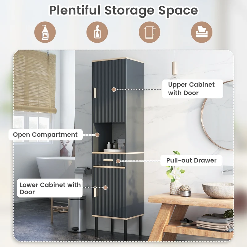 Free-Standing Bathroom Cabinet, Narrow Linen, Doors And Drawer, Gray