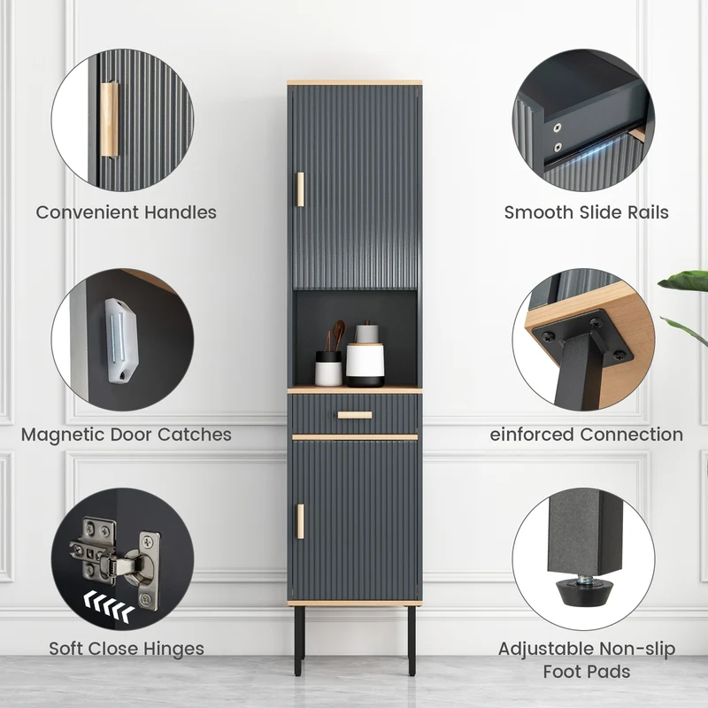 Free-Standing Bathroom Cabinet, Narrow Linen, Doors And Drawer, Gray