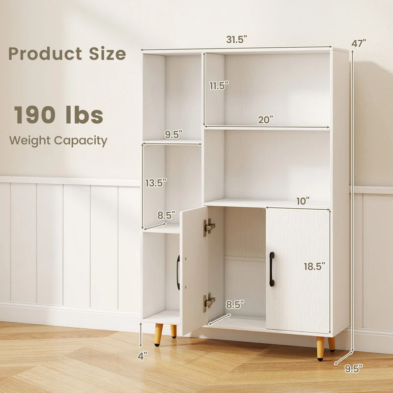 Free Standing Pantry Cabinet, 2 Door, 5 Shelves, White