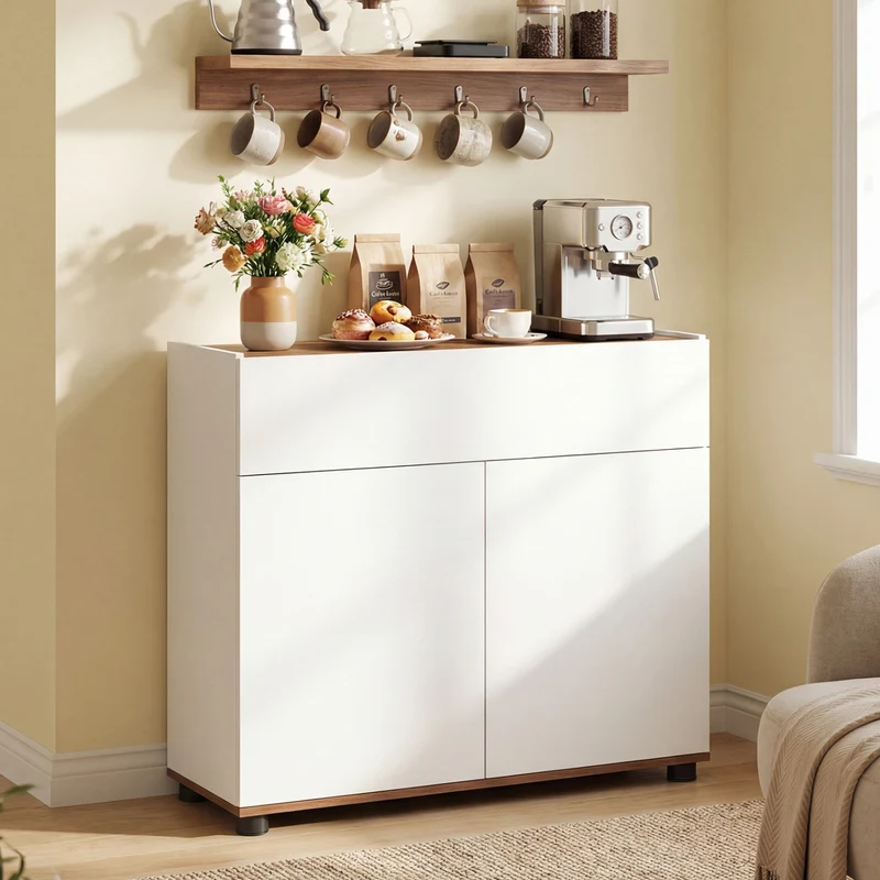 Sideboard Buffet Cabinet, Wooden Kitchen Storage, White