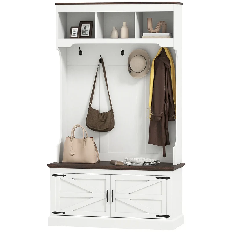3-in-1 Hall Tree, Bench, Coat Rack with Shoe Storage, White Wood Grain, White