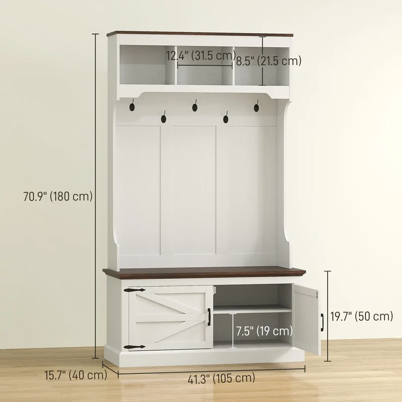 3-in-1 Hall Tree, Bench, Coat Rack with Shoe Storage, White Wood Grain, White