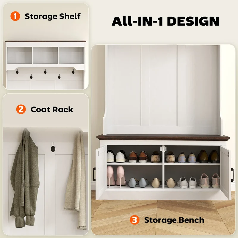 3-in-1 Hall Tree, Bench, Coat Rack with Shoe Storage, White Wood Grain, White