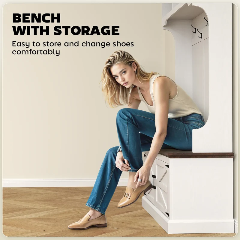 3-in-1 Hall Tree, Bench, Coat Rack with Shoe Storage, White Wood Grain, White