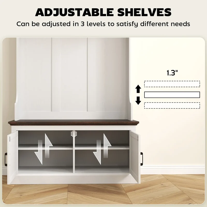 3-in-1 Hall Tree, Bench, Coat Rack with Shoe Storage, White Wood Grain, White