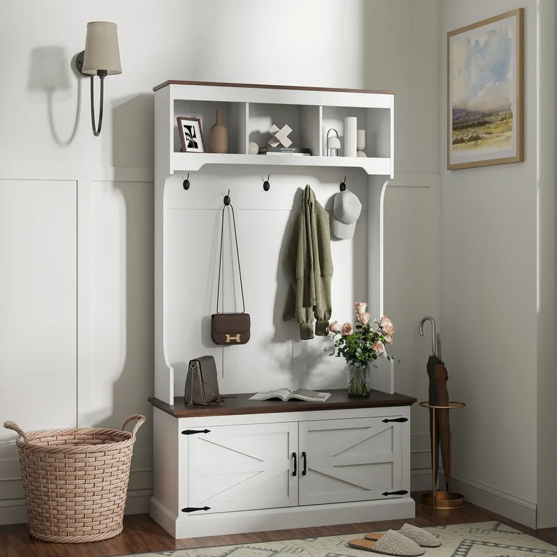 3-in-1 Hall Tree, Bench, Coat Rack with Shoe Storage, White Wood Grain, White