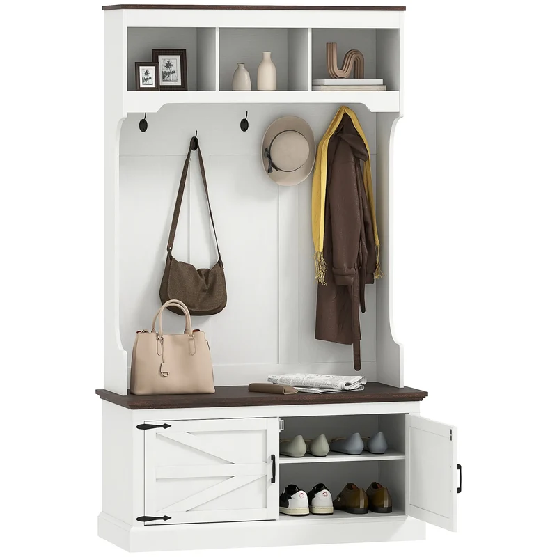 3-in-1 Hall Tree, Bench, Coat Rack with Shoe Storage, White Wood Grain, White