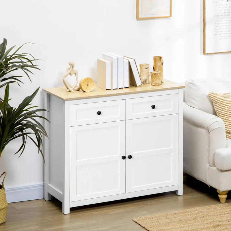 Modern Sideboard, Kitchen Storage Cabinet with Drawers, Adjustable Shelf, White