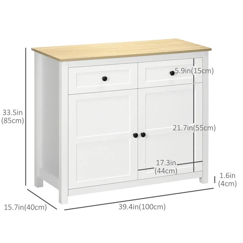 Modern Sideboard, Kitchen Storage Cabinet with Drawers, Adjustable Shelf, White