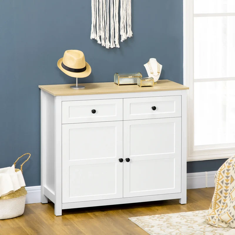 Modern Sideboard, Kitchen Storage Cabinet with Drawers, Adjustable Shelf, White