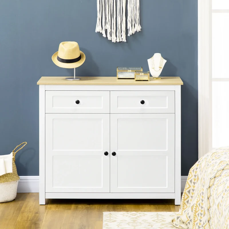 Modern Sideboard, Kitchen Storage Cabinet with Drawers, Adjustable Shelf, White