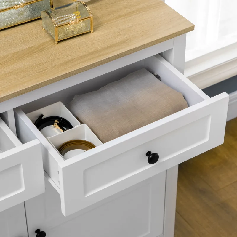 Modern Sideboard, Kitchen Storage Cabinet with Drawers, Adjustable Shelf, White