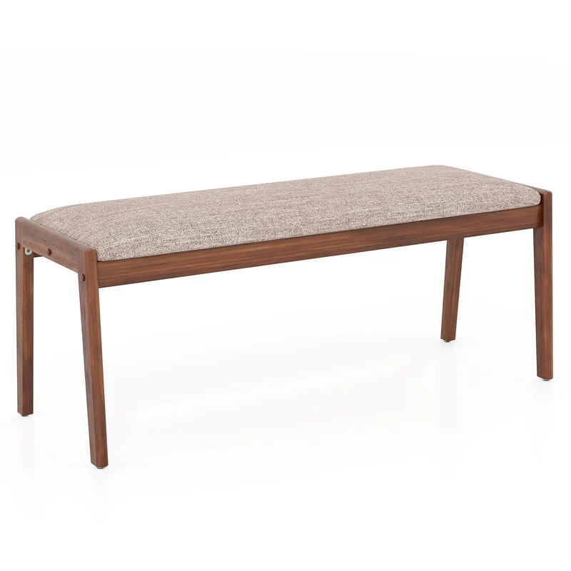 45 Inch Farmhouse Bench, Rubber Wood Legs, Fabric Padded Seat, Beige