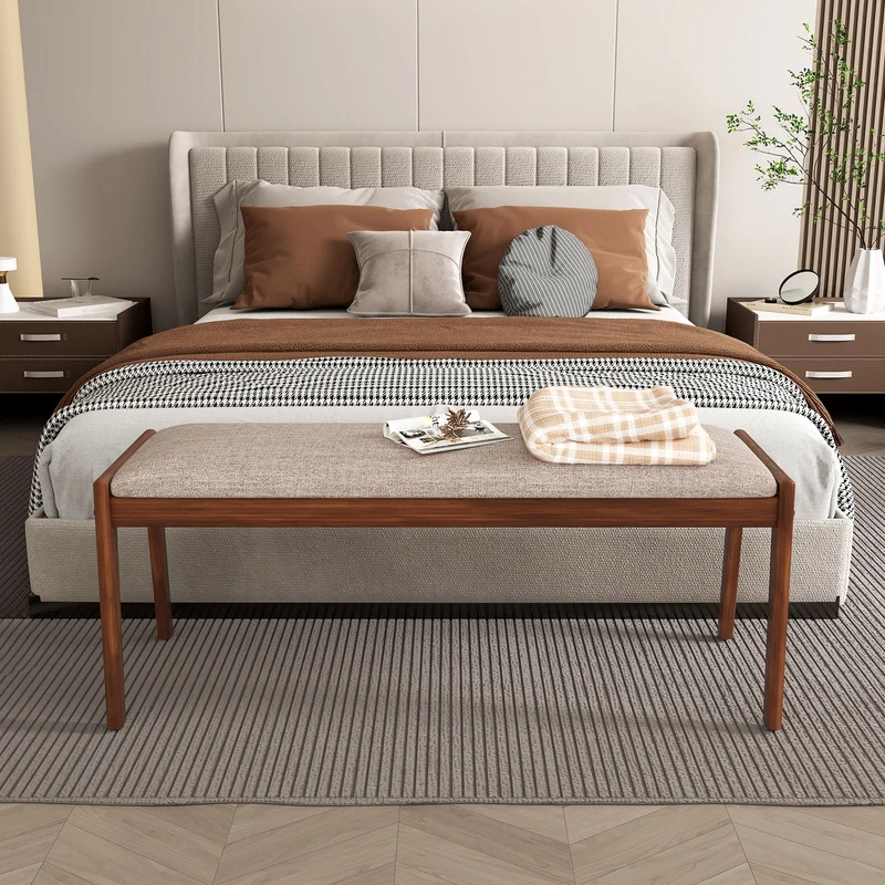 45 Inch Farmhouse Bench, Rubber Wood Legs, Fabric Padded Seat, Beige