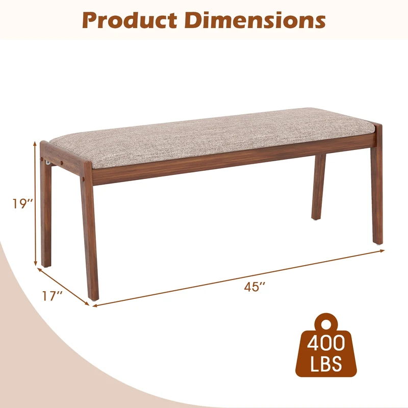 45 Inch Farmhouse Bench, Rubber Wood Legs, Fabric Padded Seat, Beige