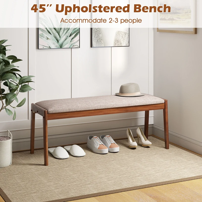 45 Inch Farmhouse Bench, Rubber Wood Legs, Fabric Padded Seat, Beige