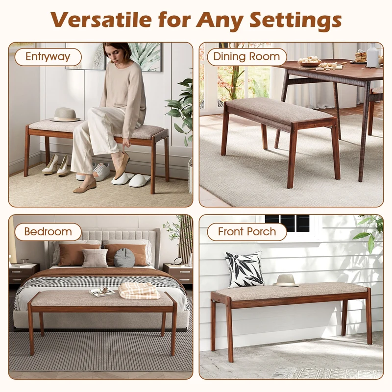 45 Inch Farmhouse Bench, Rubber Wood Legs, Fabric Padded Seat, Beige