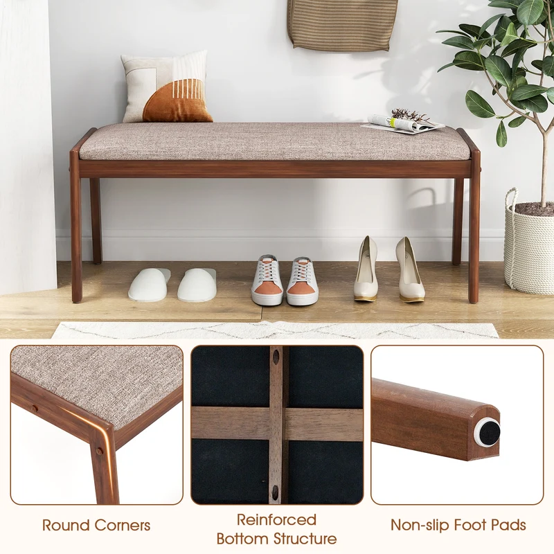 45 Inch Farmhouse Bench, Rubber Wood Legs, Fabric Padded Seat, Beige
