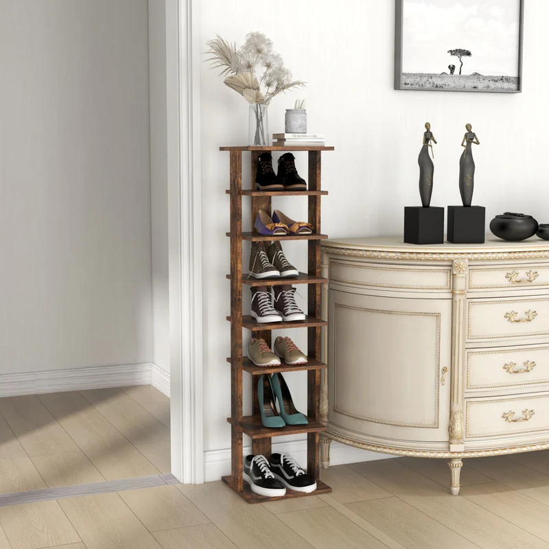 Wooden Shoe Storage Stand, 7 Tier Shoe Rack Organizer, Rustic Brown