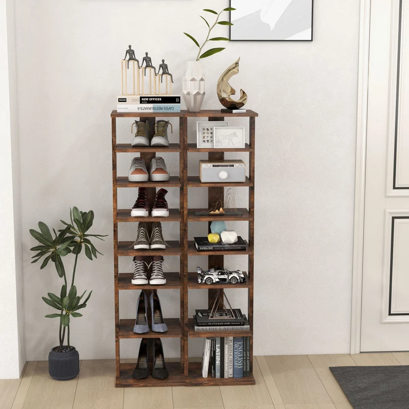 Wooden Shoe Storage Stand, 7 Tier Shoe Rack Organizer, Rustic Brown