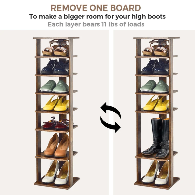 Wooden Shoe Storage Stand, 7 Tier Shoe Rack Organizer, Rustic Brown