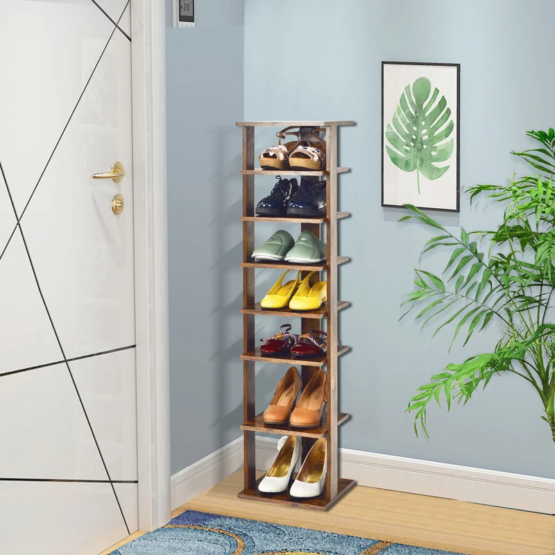 Wooden Shoe Storage Stand, 7 Tier Shoe Rack Organizer, Rustic Brown