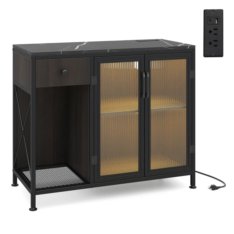 Buffet Sideboard With Doors, Power Outlets, LED Light, Black