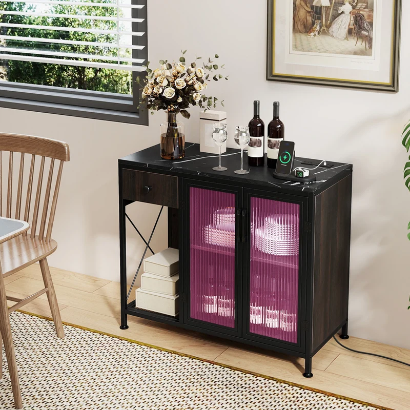Buffet Sideboard With Doors, Power Outlets, LED Light, Black