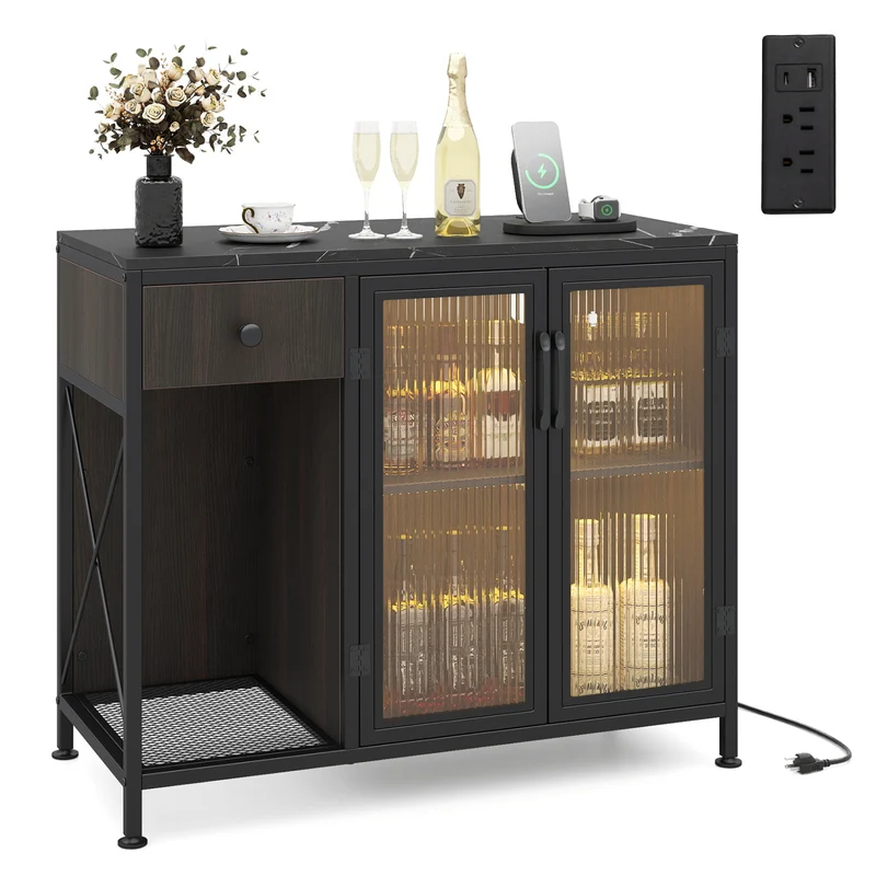 Buffet Sideboard With Doors, Power Outlets, LED Light, Black