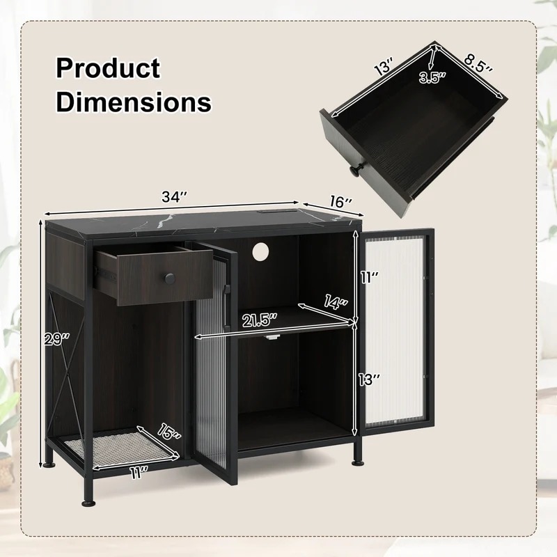 Buffet Sideboard With Doors, Power Outlets, LED Light, Black