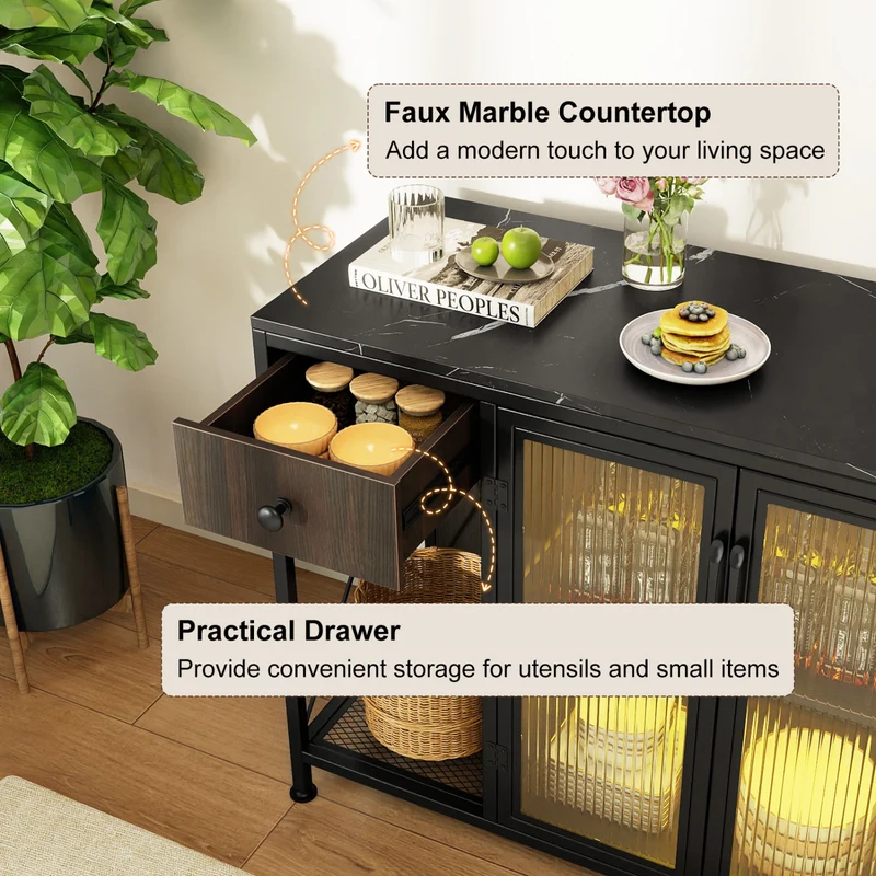 Buffet Sideboard With Doors, Power Outlets, LED Light, Black