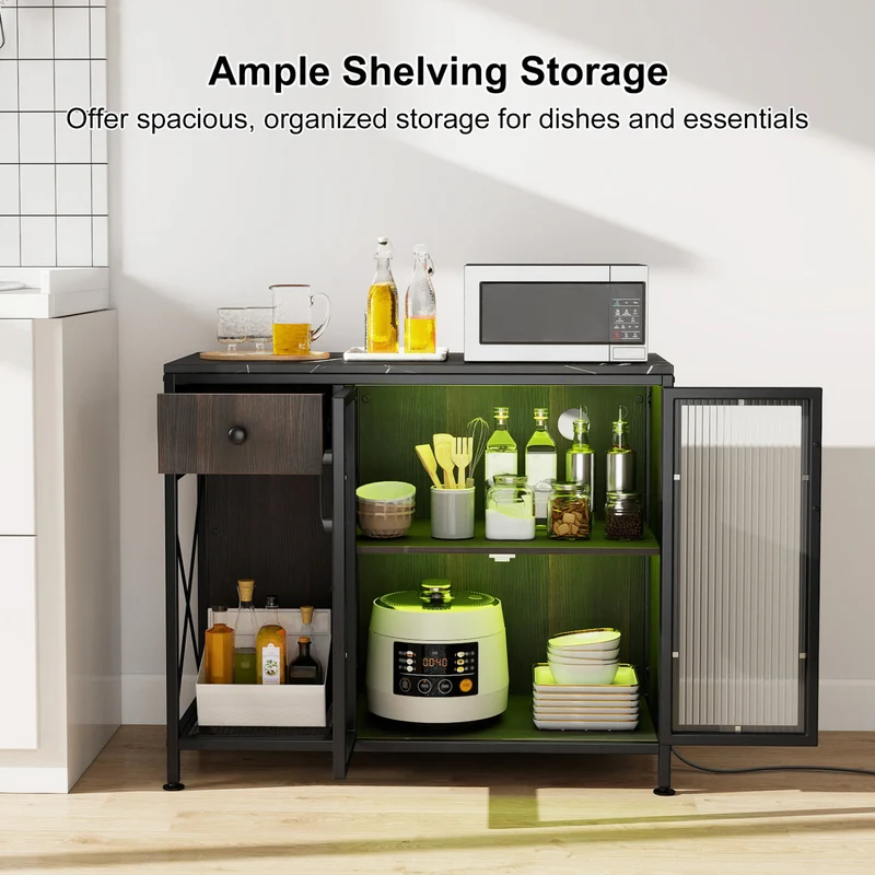 Buffet Sideboard With Doors, Power Outlets, LED Light, Black