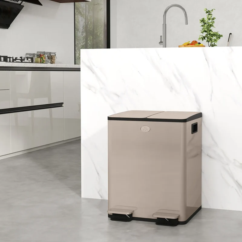 Dual Garbage Bin, Soft Close Trash Can, 2 x 20 Liter, Gold