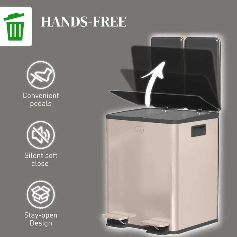 Dual Garbage Bin, Soft Close Trash Can, 2 x 20 Liter, Gold