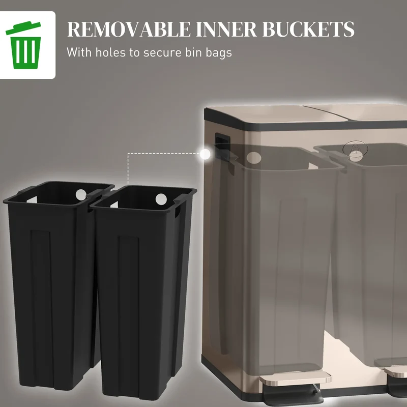 Dual Garbage Bin, Soft Close Trash Can, 2 x 20 Liter, Gold