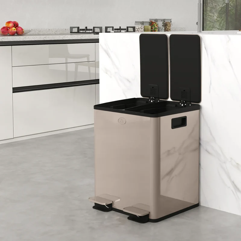 Dual Garbage Bin, Soft Close Trash Can, 2 x 20 Liter, Gold